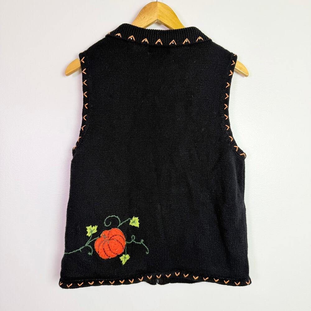 Vintage 90s Halloween Pumpkin Embroidered Beaded Sweater Vest Womens M Zip Front - Picture 4 of 14